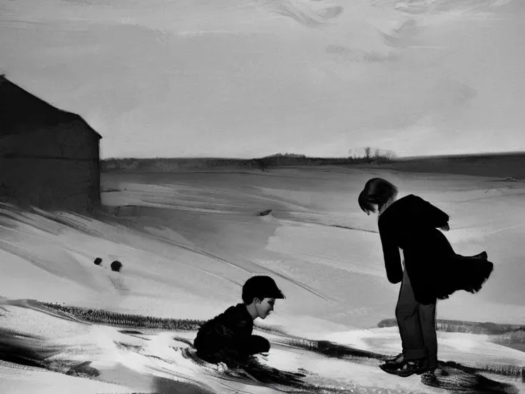 boy and girl in the edge , horrors , monochrome, art (1girl:1.2) , (poses:1.3) (rough brush strokes:1.3), (TinyBunnyStyle:0.7) art <lora:Tiny_Bunny_V2-10:0.9>,