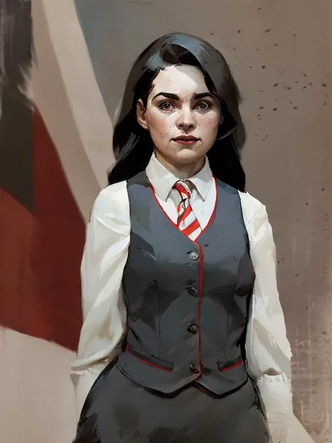 (dark shot:1.1), epic realistic, (monochrome:1.5), (1girl:1.2) , girl in (sopspbform:1.25), European skinny face, gray vest, posing, white shirt with short sleeves, red edging at the vest, (red and blue and white tie), (long-sleeved shirt:1.5) sex, art by Phil Noto, highly detailed portrait of girl, blue eyes, black hair, sleeveless dress, women by atey ghailan, (poses:1.3) <lora:DL_4R_Form_PR_V2-10:0.85> (rough brush strokes:1.3), (TinyBunnyStyle:0.7) art <lora:Tiny_Bunny_V2-10:0.9>, faded, (neutral colors:1.2), (hdr:1.4), (muted colors:1.2), hyperdetailed, (artstation:1.4), cinematic, warm lights, dramatic light, (intricate details:1.1), complex background, (rutkowski:0.66), (teal and orange:0.4)