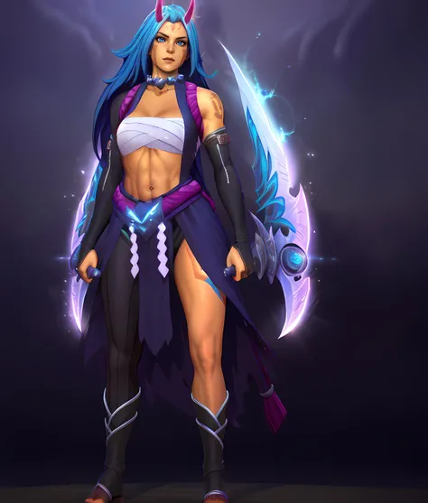 A (((full-body))), ((ultra-detailed)), ((masterpiece)) fantasy art ((illustration)) of (((Jinx))), a ((League of Legends)) character, in the style of the video game. Her (((whole body from head to toe))) is shown, including her bare feet.