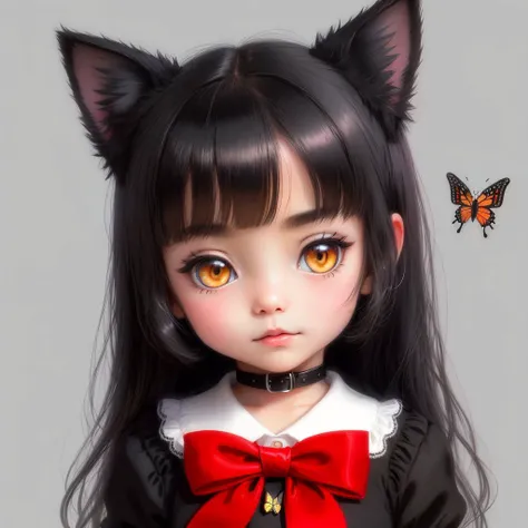 masterpiece, detailed, a cute black kitten with a red bow around his neck plays with a butterfly, with big eyes, illustrated ,Chi_testv1, cat