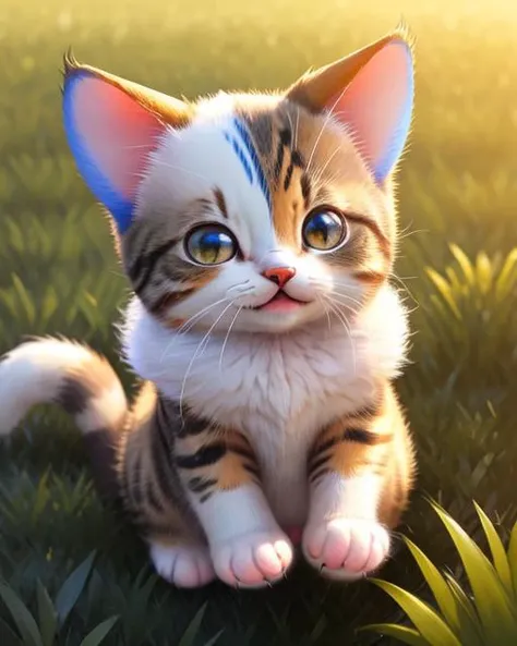 photo of cute little cat,cat_baby,animal focus,playful, jump, bright shiny eyes,realistic,fur detail, Chi_testv1,on fields,