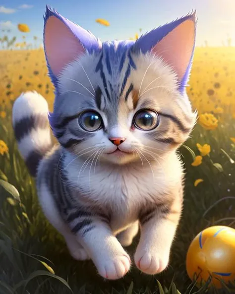 photo of cute little cat,cat_baby,animal focus,playful, jump, bright shiny eyes,realistic,fur detail, Chi_testv1,on fields,