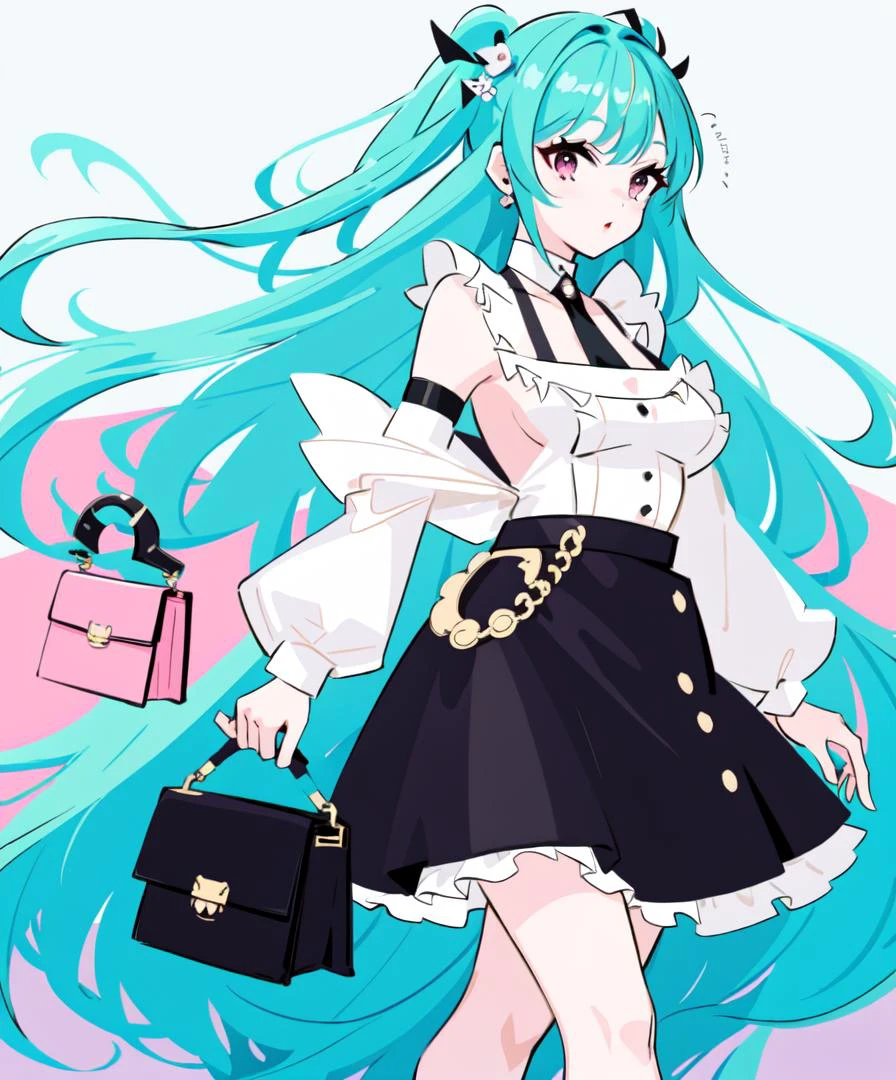 style by nty_ol, pin up, cubism, minimalism, a woman, long hair, pastel colors, black skirt, walking, mall, purse <lora:Olivian_Poster_v2:0.6>