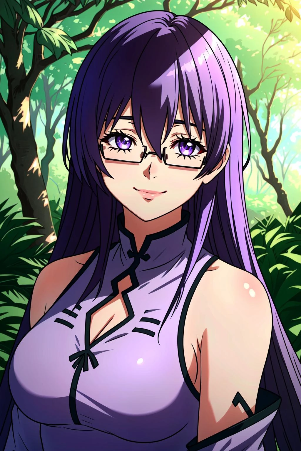 <lora:Sheele:1> Sheele, 1girl, solo, purple hair, glasses, purple eyes, long hair, detached sleeves, bare shoulders, nature, under-rim eyewear, semi-rimless eyewear, forest, chinese clothes hour glass body, smile, ((Purple Sundress)) ((Extremely Detailed)), ((Best Quality)), ((Masterpiece)), ((4k))
