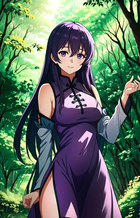 <lora:Sheele:1> Sheele, 1girl, solo, purple hair, purple eyes, long hair, detached sleeves, bare shoulders, nature, forest, chinese clothes, hour glass body, smile, ((Purple Sundress)) ((Extremely Detailed)), ((Best Quality)), ((Masterpiece)), ((4k))