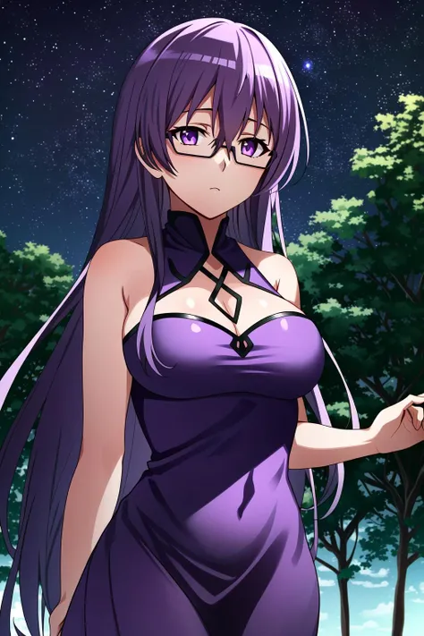 <lora:Sheele:1> Sheele, 1girl, solo, long hair, night, glasses, purple eyes, purple hair, sky, night sky, tree, outdoors, star (sky), upper body, starry sky, looking at viewer, very long hair, dress, hour glass body, ((Purple Sundress)) ((Extremely Detailed)), ((Best Quality)), ((Masterpiece)), ((4k))