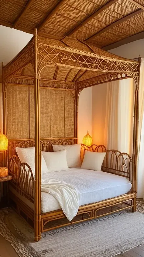 photo, bamboo furniture, four-poster bed, bamboo, white pillows, white blanket, canopy, bohemian, warm lighting, close-up, 
detailed background
sharp focus, vivid, very detailed, elegant, intricate, cinematic, highly saturated colors, magic, surreal, beautiful, innocent, fine detail, full color, epic light, shining, brilliant, complex, marvelous composition, colorful, deep rich <lora:xl_add-detail:0.8> <lora:AIDVN_bamboo_furniture_xl:0.8>