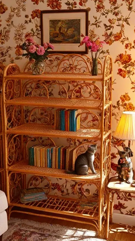 photo, bamboo furniture, rattan shelf, books, cat figurines, pink vase with flowers, lamp, records, 1970s, warm lighting, bright, 
detailed background
sharp focus, vivid, very detailed, elegant, intricate, cinematic, highly saturated colors, magic, surreal, beautiful, innocent, fine detail, full color, epic light, shining, brilliant, complex, marvelous composition, colorful, deep rich <lora:xl_add-detail:0.8> <lora:AIDVN_bamboo_furniture_xl:0.8>