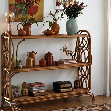 photo, bamboo furniture, rattan shelf, books, cat figurines, pink vase with flowers, lamp, records, 1970s, warm lighting, bright, close-up
<lora:AIDVN_furniture_bamboo_v1:0.8>