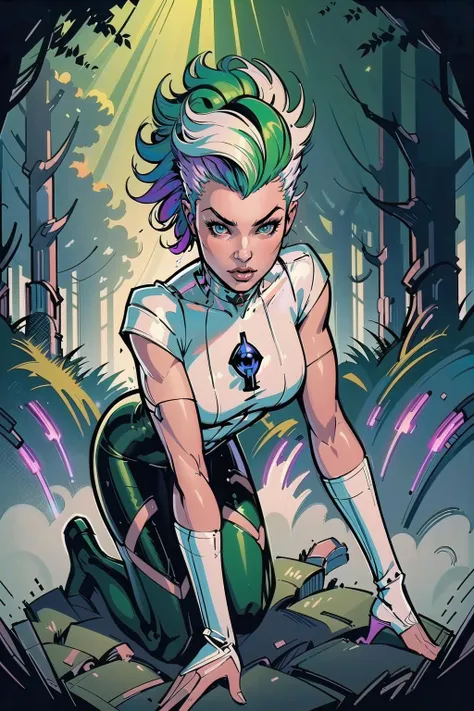 (masterpiece, best_quality, ultra-detailed, immaculate:1.3), epic, illustration, 1girl, (pretty Futurism:1.3) cute catgirl, full body, [:formal costume design,:0.2], official art, light caucasian skin, dramatic pastel forest green lighting , in a  video game, bombshell hair, multicolor hair, Frohawk, leaning forward <lora:EnvyBeautyMix06:1>