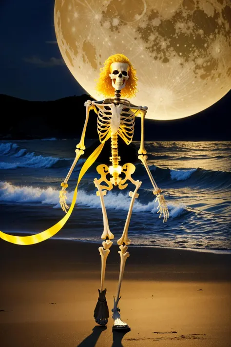 <lora:ezekskel_v1:1> ezekskel
Masterpiece, best quality, highly detailed 8k photorealistic raw photo, volumetric lighting, volumetric shadows
a skeleton with Glowing Moon Yellow hair, walking, feminine pose, ribbon trim
ocean with people in the background