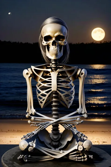 <lora:ezekskel_v1:1> ezekskel
Masterpiece, best quality, highly detailed 8k photorealistic raw photo, volumetric lighting, volumetric shadows
portrait of a skeleton with Steel Gray hair, sitting with hands around her ankles, sweater
moon with people in the background