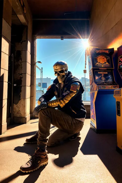 <lora:Skullface_v1-000015:1> photorealistic highly detailed 8k photography, best street shot quality, volumetric lighting, plain clean earthy sklfc, Crossed Arms, One Leg Resting on Wall, Dramatic Low-Angle Shot with Sun Flare, Retro Arcade Game Halls full of busy people