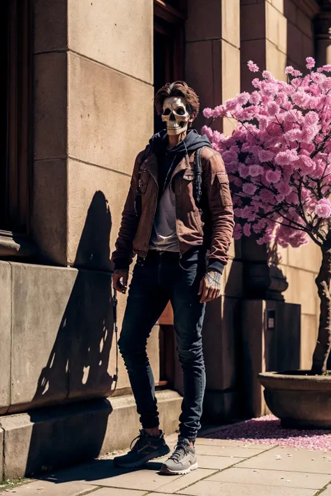 <lora:Skullface_v1-000015:1> photorealistic highly detailed 8k photography, best street shot quality, volumetric lighting, plain clean earthy sklfc, casual street wear, Leaning Against a Wall, One Foot Raised, Cinematic Handheld Shaky Cam, Ethereal Cherry Blossom Waterfalls full of busy people