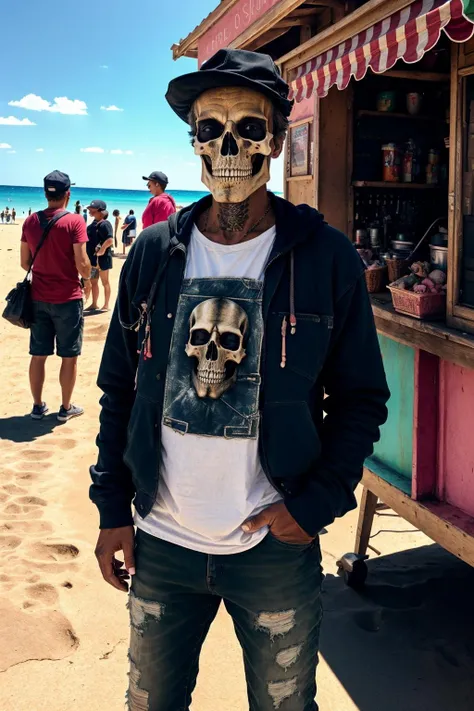 A man with a beach hat, tattooed chest Black mask