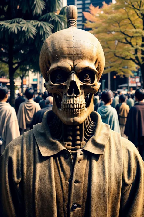 <lora:Skullface_v1-000015:1> photorealistic highly detailed 8k photography, best street shot quality, volumetric lighting, plain clean earthy sklfc, Leaning Against a Tree, Arms at Side, Dynamic Dolly Zoom Effect, Japanese Zen Gardens full of busy people