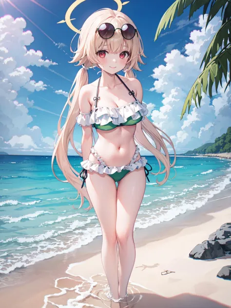 masterpiece, best quality,shiny,chromatic aberration abuse,pastel color,full body,
1girl,solo, red eyes,ahoge,smile,large breasts,twintails,blonde hair,
looking at viewer,wet,
ocean,flowers,sunshine,arms behind back,standing,from below,
hifumi bikini,sunglasses, eyewear on head,(green bikini:1.2), <lora:hifumiswim:0.7>,halo,