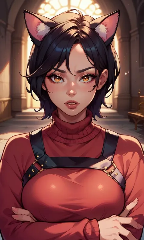 score_9, score_8_up, score_7_up, score_6_up, source_anime, BREAK masterpiece,  <lora:AdaWong:0.8>, adawongxl, red sweater, , parted lips, arms crossed, breasts, castle, upper body, close-up, looking at viewer, cat ears, harness, black hair