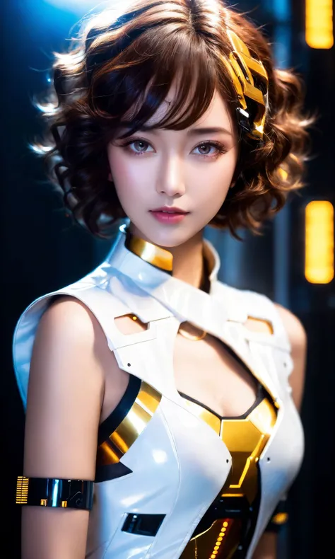 Robotic with gold and white accents,1girl, a dynamic, upper body portrait of a cute young woman with curly short hair, her joyous expression directed towards the viewer. Set against a dark theme, she's adorned with vibrant, adding a pop of color to the scene. This action-packed pose exudes a lively energy, illuminating her captivating sexy,(analogfilm),film grain,