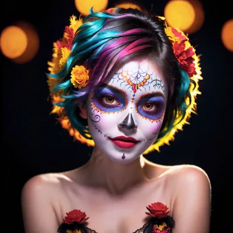 1girl, a dynamic, upper body portrait of a cute young woman with fluffy short hair, her joyous expression directed towards the viewer. Set against a dark theme, she's adorned with vibrant, Dia de los Muertos-inspired horror makeup, adding a pop of color to the scene. This action-packed pose exudes a lively energy, illuminating her captivating sexy.
<lora:sdxl_lora_rustako:0.3>