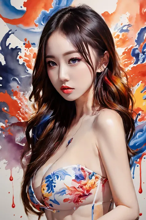 Colorful, multiple colors, intricate detail, splash screen, photorealistic, intricately detailed fluid gouache painting, calligraphy, acrylic, watercolor art,
masterpiece, best quality, 1girl, <lora:kwFemale_Beta40-SDXL_v1:1>, chinese,cleavage