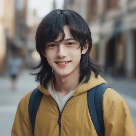 boy walking on street, long hair,black hair, trending fashion, masterpiece, realistic, best quality, 8k, look at viewer, detail eyes, detail face, (detail skin),(( pores: 1.3 )), (freckles:0.6), acne, smile, teeth