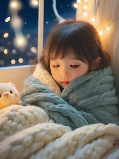 cute little girl sleeping comfortably on a bed, covered with a blanket, stuffed animal, string lights on the wall, window, cozy and comforting atmosphere, nighttime, wonder, pixiv,