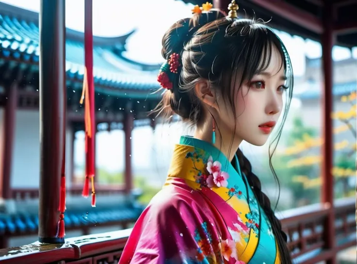 (masterpiece, best quality), (photorealistic, ultra realistic 8k CG), raw photo, photo:1.5, realistic:1.5, photorealistic:1.5, ultra highres, 8k, texture skin, realistic skin, detailed skin, extremely detailed, 8k wallpaper,
dramatic angle,(fluttered detailed ink splashs), (illustration),(((1 girl))),(long hair),(rain:0.6),(expressionless ,hair ornament:1.4),there is an ancient palace beside the girl,chinese clothes,(focus on), color Ink wash painting,(ink splashing),color splashing,((colorful)),
<lora:Neg4all_V7:1>