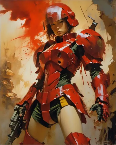 1 female
detailed face
battle stance,
red armor
shadows
dramatic lighting
ruins,
smokes
explosions
(best quality, masterpiece, oil painting  by Ashley Wood )