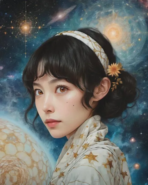 solo, upper body, looking at viewer, detailed background, detailed face, (glowing eyes:1.05), living star constellation, star sign, at peace, mythical, esoteric patterns, interstellar power, nebula, bloom, metaphysics, reincarnation, cosmic dust, cosmic space background, surreal esoteric atmosphere
