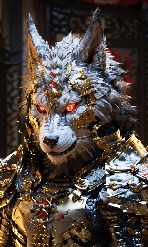 samurai wolf, glowing bloodshot eyes, body wearing shiny satin black and silver metal armor,intricate ornate weaved gold filiegree, fine detail, extremely detailed, unreal engine,
<lora:xl_more_art-full-beta1:0.8>