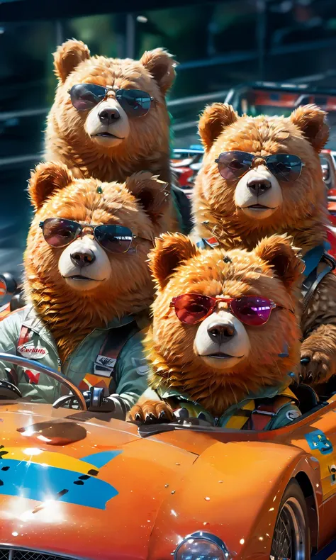 realistic, masterpiece, realistic lighting, multiple bears wearing sunglasses sitting inside of a fast moving racecar,
<lora:xl_more_art-full-beta1:0.8>