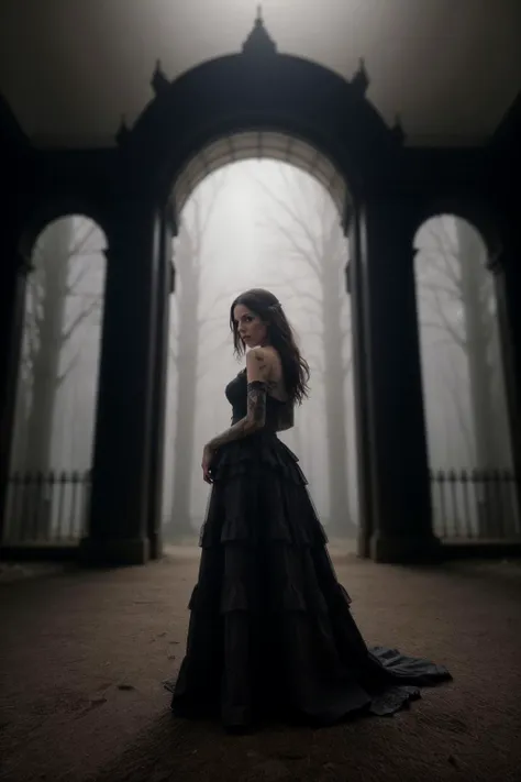 Imagine a scene shrouded in mystery and allure, where the essence of goth aesthetics melds seamlessly with an atmospheric backdrop. Picture a solitary goth woman standing in the heart of this scene, embodying the quintessence of gothic beauty and grace. Her attire is a masterpiece of gothic fashion, featuring a long, flowing black dress that cascades gracefully to her feet, adorned with intricate lace patterns and delicate silver chains that glint subtly in the dim light. Her hair is a cascade of dark waves, framing her pale face and enhancing her piercing, captivating eyes, which are accentuated by dark, smoky makeup.
The atmosphere around her is charged with a palpable sense of mystery and enchantment. The scene is set in a forgotten garden, where the moon casts a silver glow over ancient statues and overgrown paths. Mist rolls gently across the ground, swirling around her feet and adding a mystical quality to the scene. In the background, the remnants of a once-grand gothic mansion loom, its spires and arches silhouetted against a starlit sky, adding a sense of timeless decay and romance.
This scene is not just a visual spectacle; it's a portal to a world where gothic elegance and atmospheric beauty converge. The goth woman stands as a guardian of this realm, a symbol of strength and mystery, inviting the viewer to step into a world beyond the ordinary, where every element is imbued with depth and emotion.  <lora:MJ_RED_1_SD15_V1:0.75> mjred1