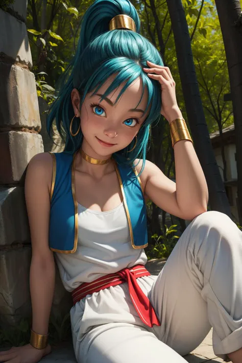 bulma, 1girl, solo, blue eyes, blue hair, aqua hair, bangs, high ponytail, earrings,
arabian clothes, white shirt, blue vest, white pants, baggy pants, red sash, bare shoulders, sleeveless, cleavage, yellow choker, wristband, neck ring,
smile,closed mouth,sitting, legs apart,
forest,outdoor,
(insanely detailed, beautiful detailed face, masterpiece, best quality) cinematic lighting,<lora:DB_Bulma_Arabian_Clothes_v1:1>, <lora:more_details:0.3>,