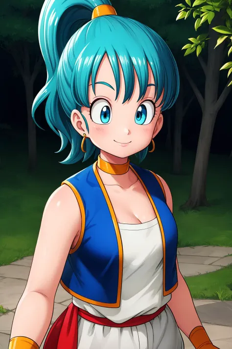 bulma, 1girl, solo, blue eyes, blue hair, aqua hair, bangs, high ponytail, earrings,
arabian clothes, white shirt, blue vest, white pants, baggy pants, red sash, bare shoulders, sleeveless, cleavage, yellow choker, wristband, neck ring,
smile,closed mouth,cowboy shot,upper body,
forest,outdoor,
(insanely detailed, beautiful detailed face, masterpiece, best quality) cinematic lighting,<lora:DB_Bulma_Arabian_Clothes_v1:1>, <lora:more_details:0.3>,