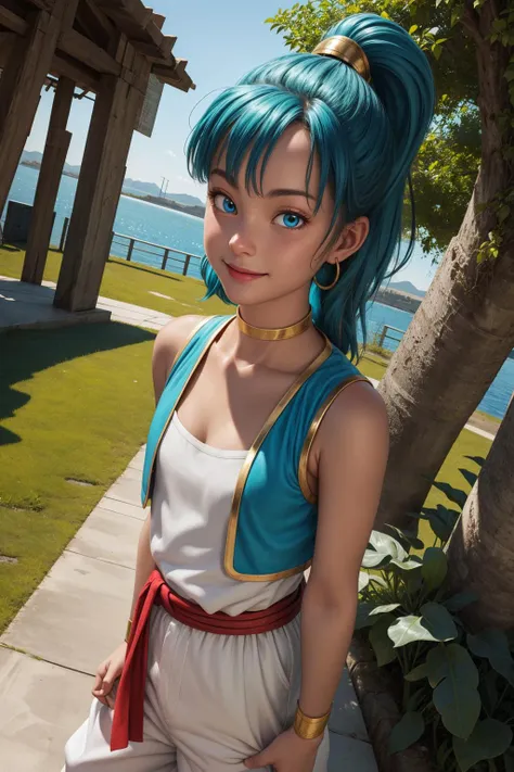 bulma, 1girl, solo, blue eyes, blue hair, aqua hair, bangs, hair, high ponytail, earrings,
arabian clothes, white shirt, blue vest, white pants, baggy pants, red sash, bare shoulders, sleeveless, cleavage, yellow choker, wristband, neck ring,
smile,closed mouth,cowboy shot,
forest,outdoor,
(insanely detailed, beautiful detailed face, masterpiece, best quality) cinematic lighting,<lora:DB_Bulma_Arabian_Clothes_v1:1>, <lora:more_details:0.3>,