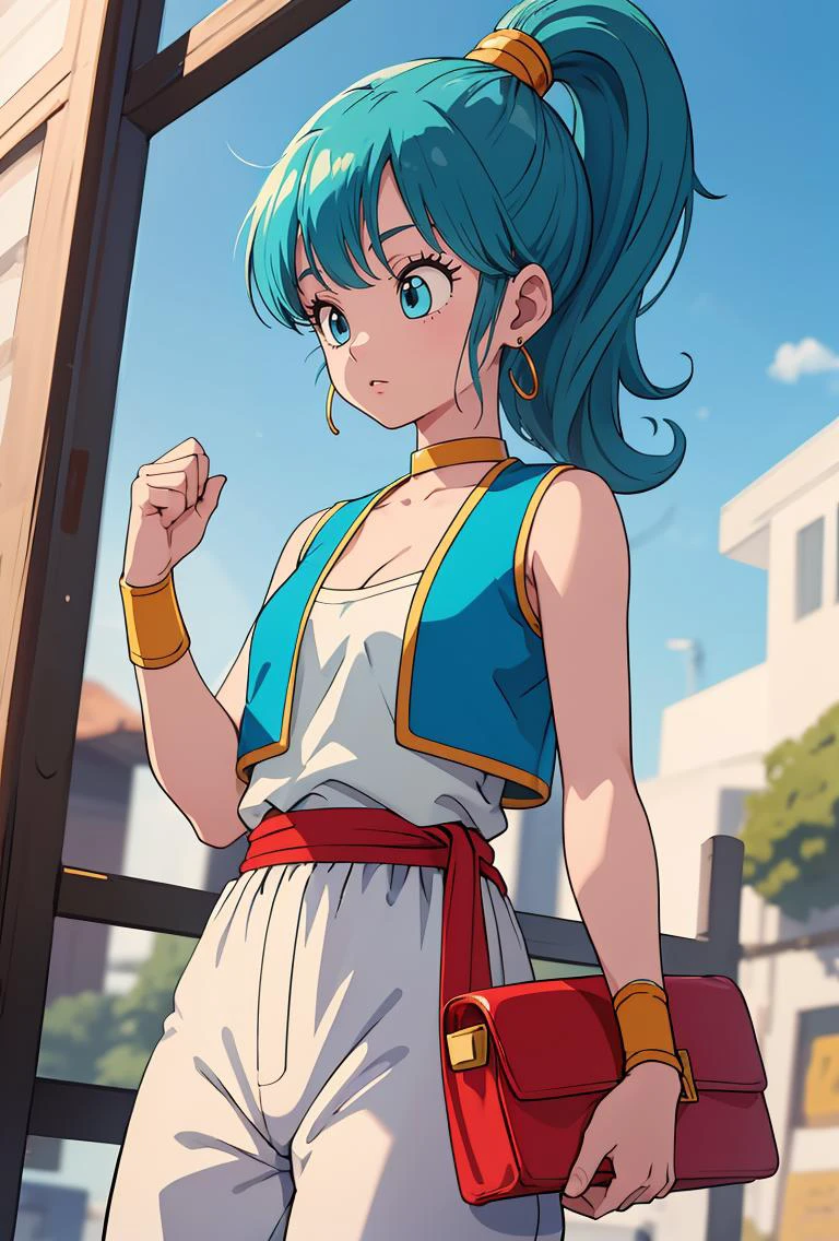 (masterpiece, best quality), 1girl, <lora:DB_Bulma_Arabian_Clothes_v1:0.8> bulma, 1girl, solo, blue eyes, blue hair, aqua hair, bangs, hair, high ponytail, earrings,, arabian clothes, white shirt, blue vest, white pants, baggy pants, red sash, bare shoulders, sleeveless, cleavage, yellow choker, wristband, neck ring,
