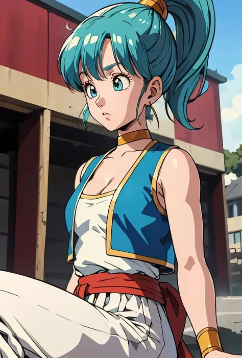 (masterpiece, best quality), 1girl,  <lora:DB_Bulma_Arabian_Clothes_v1:0.8> bulma, 1girl, solo, blue eyes, blue hair, aqua hair, bangs, hair, high ponytail, earrings,, arabian clothes, white shirt, blue vest, white pants, baggy pants, red sash, bare shoulders, sleeveless, cleavage, yellow choker, wristband, neck ring,