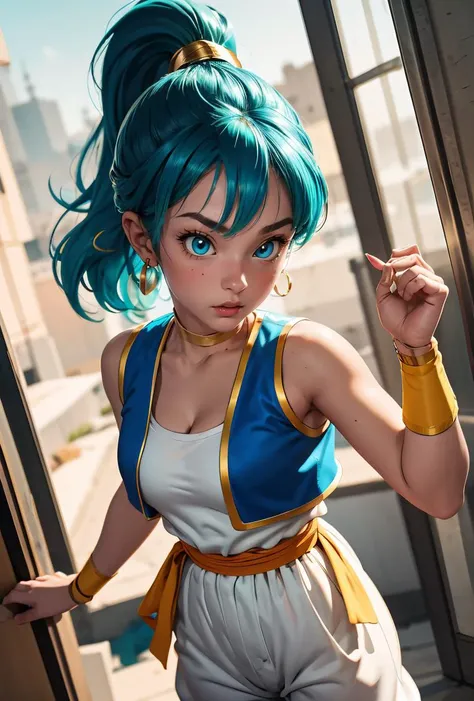 (masterpiece, best quality), 1girl, <lora:DB_Bulma_Arabian_Clothes_v1:0.8> bulma, 1girl, solo, blue eyes, blue hair, aqua hair, bangs, hair, high ponytail, earrings,, arabian clothes, white shirt, blue vest, white pants, baggy pants, red sash, bare shoulders, sleeveless, cleavage, yellow choker, wristband, neck ring,