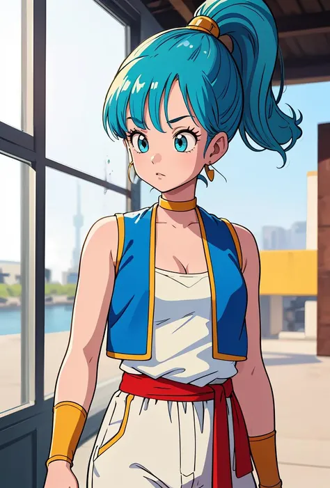 (masterpiece, best quality), 1girl,  <lora:DB_Bulma_Arabian_Clothes_v1:0.8> bulma, 1girl, solo, blue eyes, blue hair, aqua hair, bangs, hair, high ponytail, earrings,, arabian clothes, white shirt, blue vest, white pants, baggy pants, red sash, bare shoulders, sleeveless, cleavage, yellow choker, wristband, neck ring,