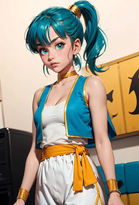 (masterpiece, best quality), 1girl,  <lora:DB_Bulma_Arabian_Clothes_v1:0.8> bulma, 1girl, solo, blue eyes, blue hair, aqua hair, bangs, hair, high ponytail, earrings,, arabian clothes, white shirt, blue vest, white pants, baggy pants, red sash, bare shoulders, sleeveless, cleavage, yellow choker, wristband, neck ring,