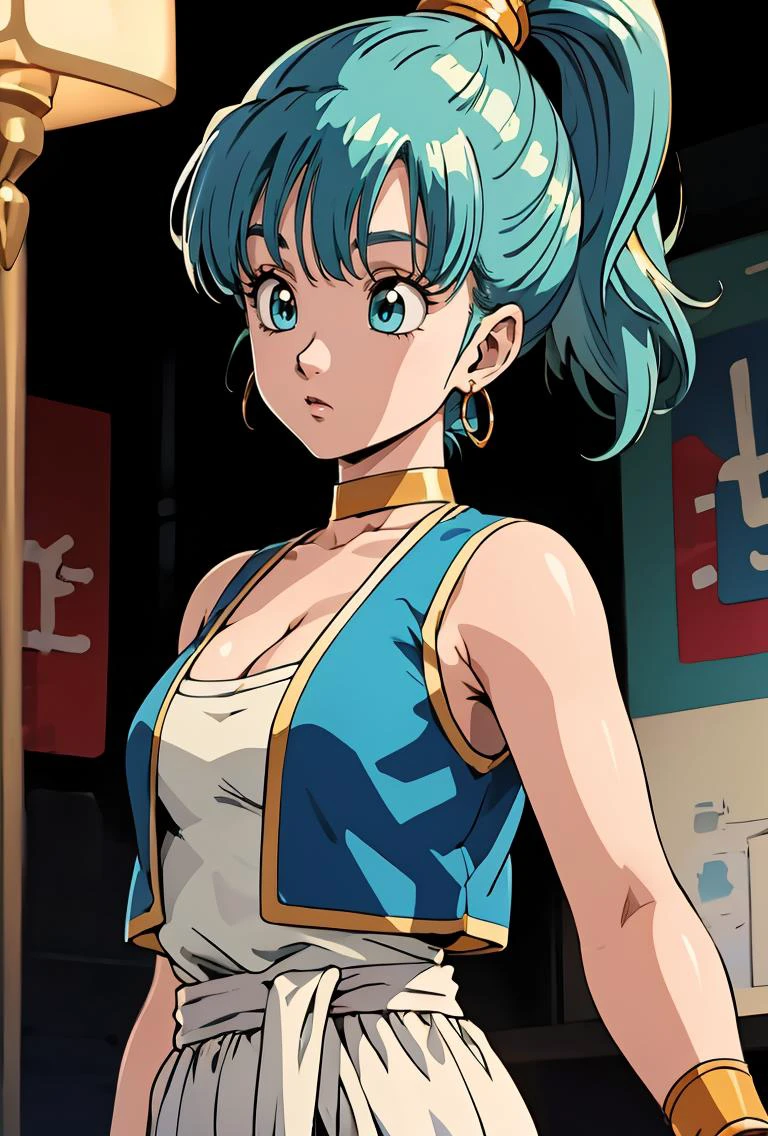 (masterpiece, best quality), 1girl, <lora:DB_Bulma_Arabian_Clothes_v1:0.8> bulma, 1girl, solo, blue eyes, blue hair, aqua hair, bangs, hair, high ponytail, earrings,, arabian clothes, white shirt, blue vest, white pants, baggy pants, red sash, bare shoulders, sleeveless, cleavage, yellow choker, wristband, neck ring,