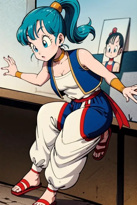 bulma, 1girl, solo, blue eyes, blue hair, aqua hair, bangs, hair, high ponytail, earrings, dragon_ball, dbz, toriyama akira \(style\), arabian clothes, white shirt, blue vest, white pants, baggy pants, red sash, bare shoulders, sleeveless, cleavage, yellow choker, wristband, neck ring, masterpiece, best quality, 8k, detailed face, good eyes, flat color, full body, <lora:DB_Bulma_Arabian_Clothes_v1:1>,