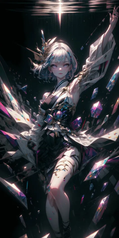 realistic, (masterpiece, 4k, 8k, ultra hires, exremely detailed, unreal, high resolution, ultra detailed, best quality, ultra high res, visually stunning, beautiful, award-winning art, best quality, stunningly beautiful:1.2), detached sleeves, bare shoulders, long hair, kimono, hair ornament, jewelry, purple eyes, earrings, detailed face, ribbon_trim, long sleeves, smile, thick lips, <lora:DreamArt:1>, (extremely detailed background:1.4), full body, <lora:add_detail:1>, (made of bright colors:1.1), (abstract:1.4), detailed eyes, (light rays:1.4), (lilac color hair:1.3), (pov:1.2), <lora:detailed_eyes:1>