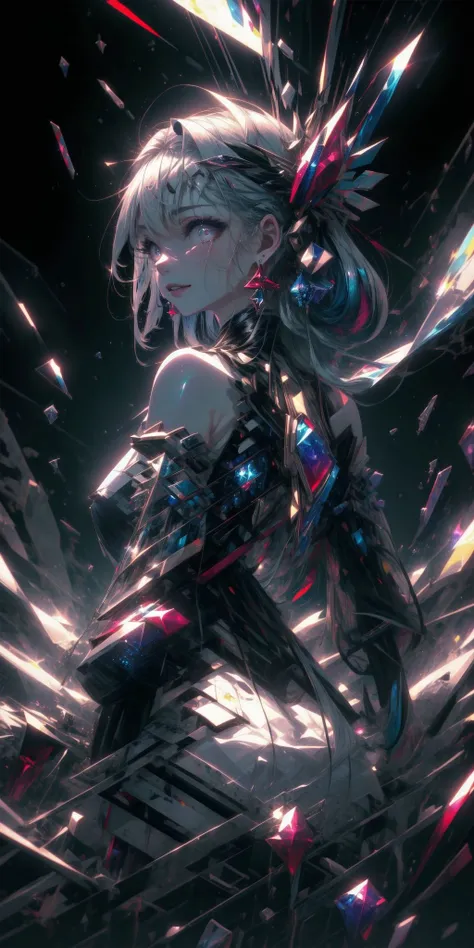 realistic, (masterpiece, 4k, 8k, ultra hires, exremely detailed, unreal, high resolution, ultra detailed, best quality, ultra high res, visually stunning, beautiful, award-winning art, best quality, stunningly beautiful:1.2), detached sleeves, bare shoulders, long hair, kimono, hair ornament, jewelry, purple eyes, earrings, detailed face, ribbon_trim, long sleeves, smile, thick lips, <lora:DreamArt:1>, (extremely detailed background:1.4), full body, <lora:add_detail:1>, (made of bright colors:1.1), (abstract:1.4), detailed eyes, (light rays:1.4), (ruby color hair:1.3), (from behind:1.2), <lora:detailed_eyes:1>
