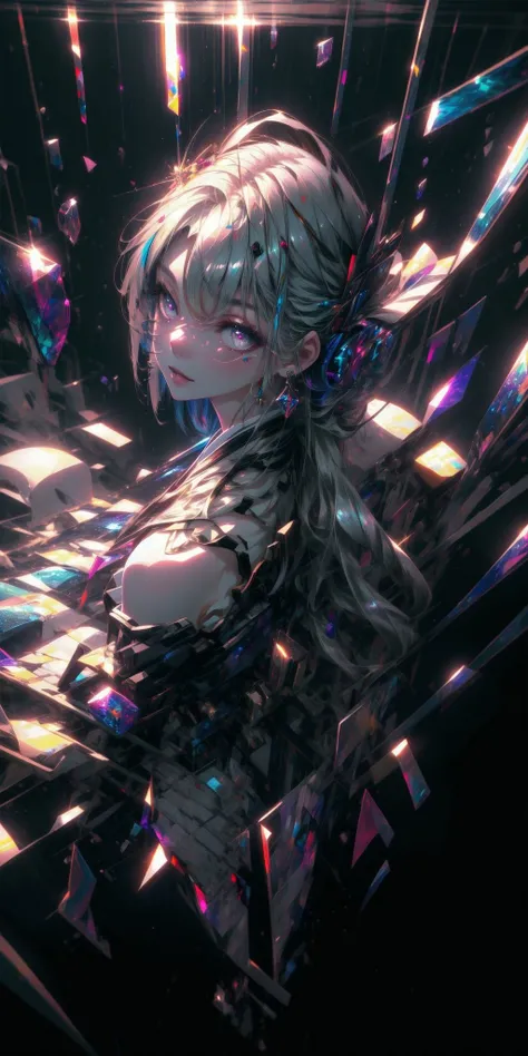 realistic, (masterpiece, 4k, 8k, ultra hires, exremely detailed, unreal, high resolution, ultra detailed, best quality, ultra high res, visually stunning, beautiful, award-winning art, best quality, stunningly beautiful:1.2), detached sleeves, bare shoulders, long hair, kimono, hair ornament, jewelry, purple eyes, earrings, detailed face, ribbon_trim, long sleeves, smile, thick lips, <lora:DreamArt:1>, (extremely detailed background:1.4), full body, <lora:add_detail:1>, (made of bright colors:1.1), (abstract:1.4), detailed eyes, (light rays:1.4), ruby hair, (from above:1.2), <lora:detailed_eyes:1>