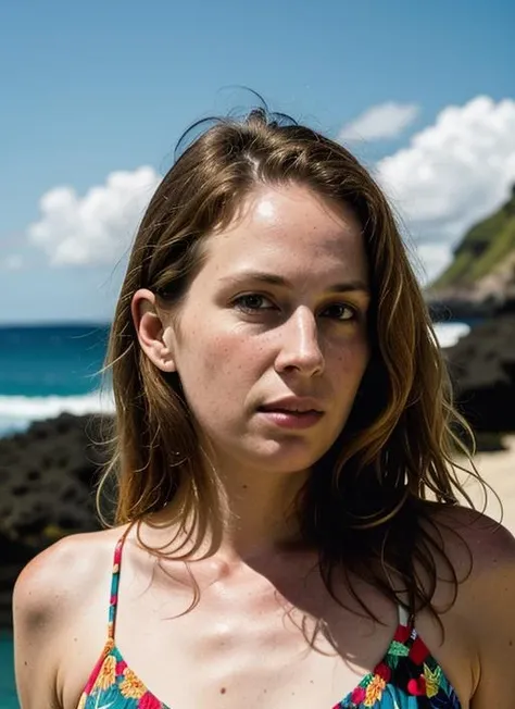 photograph of a woman, 20 years old, facing away from camera, freckled textured skin, goosebumps, wavy ginger hair, nude,  long shot, waterfall backdrop, mysterious cave with unique rock formations and hidden wonders, perfect eyes, outside, Porta 160 color, shot on ARRI ALEXA 65, bokeh, sharp focus on subject, shot by Don McCullin