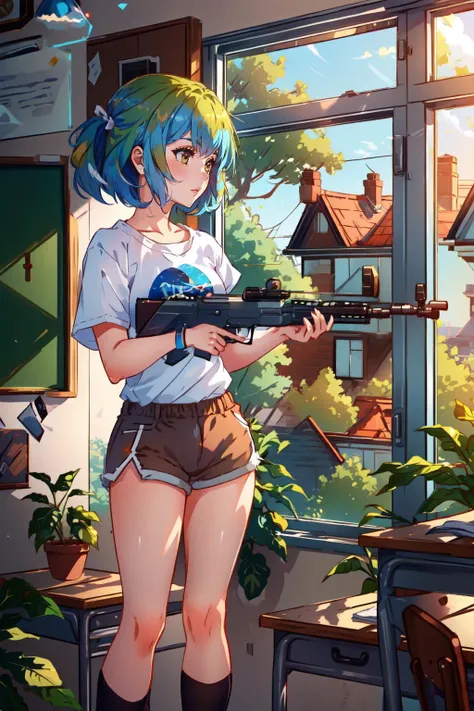 (masterpiece, best quality), intricate details,
1girl, <lora:gijinkaseries_earth-11:0.8> earth-chan, white shirt, short sleeves, brown shorts,
holding rifle, gun, <lora:BetterGuns-V1:0.8> classroom, school,