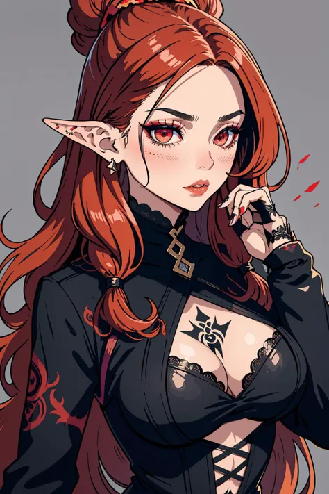 (goth) [mature |young] gothic female with [curvy |thick |tone |curvy |thick |muscle] figure wearing [goth clothes | western clothes] mix [dress |frill dress |indicate dress |belt |frill |cotton dress |short dress] and [lustful eye |creepy eyes |beautiful eye] iris mix [lush lips | perky lips] and with hair mix with light streaked hair, (red hair), long hair [ hair over eye |braid | wavy hair] mix [messy hair |curly hair |messy hair] and [pointy ear |elf ears |long ears] and [star print |flower print] on clothes and wearing, (dark make up) [jewellery] , intricate tattoos, asymmetrical pose, make up, blush, chromatic aberration, illustration, (Carne Griffiths:0.5), (Yuko Shimizu:0.5), elemental, skindentation,