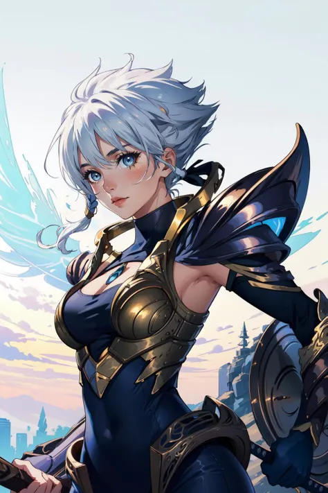 (masterpiece, best quality),  intricate details,
1girl,   <lora:dawnbringer_riven:0.8> dawnbringer riven, 1girl, bodysuit, armor, white hair, short hair,